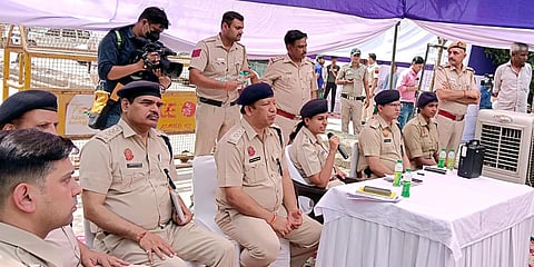DCP North West Usha Rangnani at a meeting to maintain peace in the area following Jahangirpuri violence at Kushal Chowk, in New Delhi. (Photo| ANI)