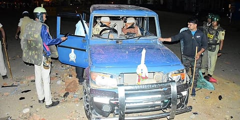 Police officials were injured in stone-pelting by protesters in the Old Hubballi area on late Saturday night. (Photo | D Hemanth, EPS)