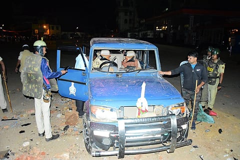 Police officials were injured in stone pelting by protesters in Old Hubballi area on late Saturday night. (Photo | D Hemanth)