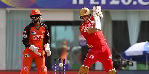 Punjab Kings batter Liam Livingstone plays a shot during an IPL 2022 match against Sunrisers Hyderabad, at Dr DY Patil Stadium in Navi Mumbai. (Photo| ANI)