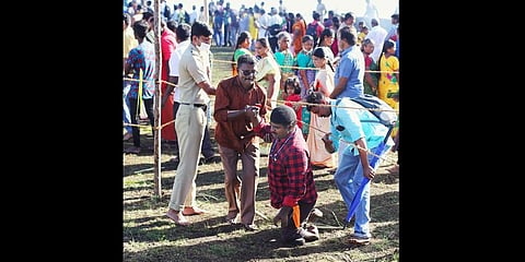 Sethu S B, a differently-abled employee of the GST department, visiting the Mangaladevi Temple in Kumily on Saturday. (Photo | Shiyami)