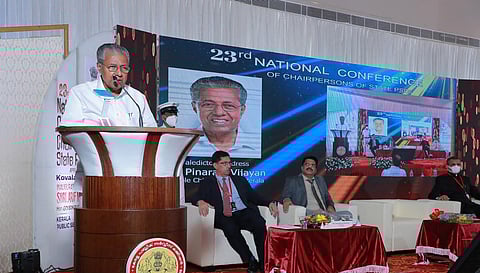 Kerala Chief Minister Pinarayi Vijayan at the national conference of PSCs at Kovalam. (Photo | Special Arrangement)
