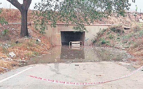 Waterlogging under the railway underpass which is flooded upto four feet