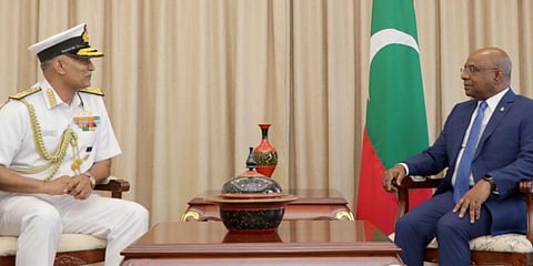 Navy Chief Admiral R Hari Kumar (L) and Maldivian Foreign Minister Abdulla Shahid. (Photo| Twitter)