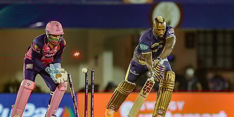 Kolkata Knight Riders' Andre Russell gets bowled by Rajasthan Royals' Ravichandran Ashwin during an IPL 2022 match at the Brabourne Stadium (CCI) in Mumbai. (Photo| PTI)