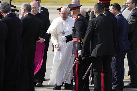 Pope Francis arrives at Malta International airport in Luqa, Saturday, April 2, 2022. (Photo | AP)