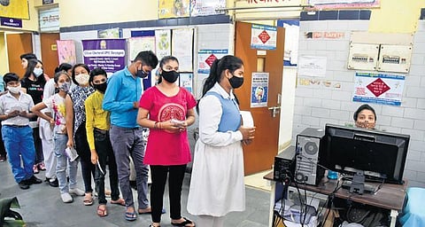 Children queue up at a vaccination centre to get the Covid-19 jab. (Photo | Parveen Negi, EPS)
