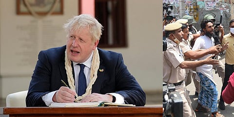 UK PM Boris Johnson (L) and a scene from the Jahangirpuri demolition drive in New Delhi. (Photo| AP and PTI)