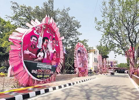 Flexis erected by TRS workers ahead of IT and Industries Minister KT Rama Rao’s visit to Warangal on Wednesday
