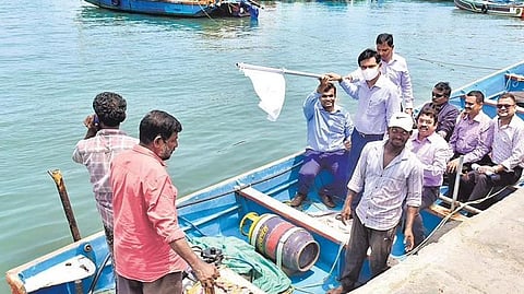 BPCL officials flagging off the trial run of LPG-powered fishing boat at Chellanam harbour on Wednesday | A Sanesh