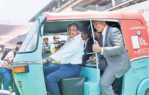 Hyderabad Metro Rail Limited MD NVS Reddy rides an electric auto after inaugurating the service on Thursday | RVK Rao