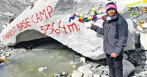Amey Sanjay Gawale at a landmark point at the Everest Base Camp (EBC) in Nepal (Photo | Special Arrangement)