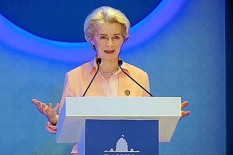 European Commission President Ursula von der Leyen addressing at the inaugural session of Raisina Dialogue 2022, in New Delhi on Monday. (Photo | ANI)