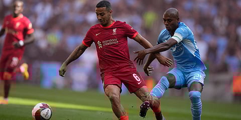 Liverpool's Thiago (L) fights for the ball with Manchester City's Fernandinho during the English FA Cup semifinal match at Wembley stadium in London. (Photo| AP)