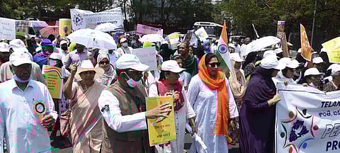 Members of civil society take part in a march organised by Telangana For Peace and Unity against bigotry and promoting harmony, in Hyderabad. (Photo| RVK Rao, EPS)
