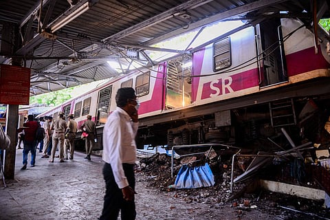 A view of the derailed train at Chennai Beach station. (Photo | Debadatta Mallick, EPS)