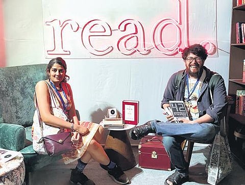 Goel and Swaminathan showcasing the ‘42 Goodreads’ zine at the Jaipur Literature Festival, 2022