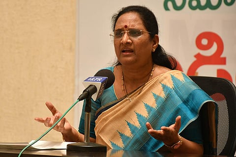 AP Women Commission Chairperson Vasireddy Padma addressing the media during a press conference in Vijayawada. (Photo | Prasant Madugula, EPS)