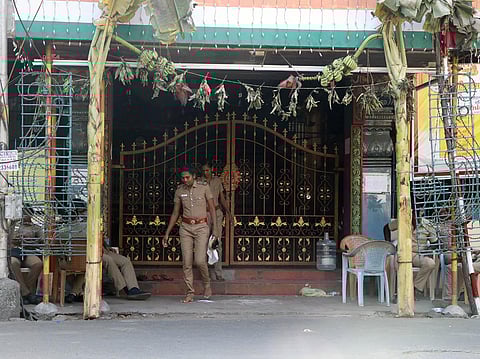 Police personnel deployed in front of Ayodhya Mandapam. (Photo | Sriram R, EPS)