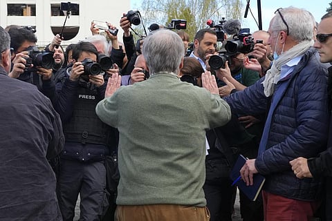 U.N. Secretary-General Antonio Guterres, center, gestures to the media during his visit to Borodyanka, close to Kyiv, Ukraine, Thursday, April 28, 2022. (Photo | AP)