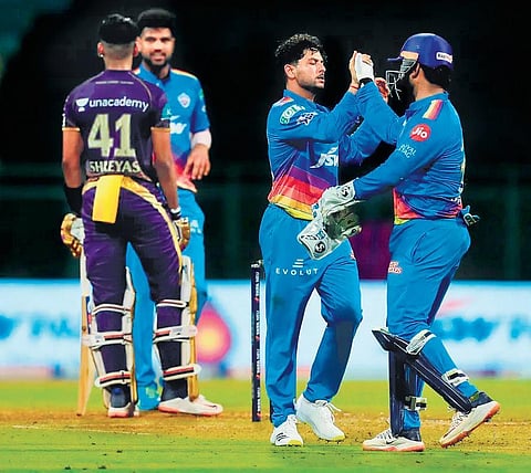 Delhi captain Rishabh Pant (R) celebrate with Kuldeep Yadav during  the match against Kolkata on Thursday. (Photo | SPORTZPICS)