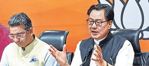 Union Minister Kiren Rijiju addresses a press meet in Delhi on Saturday | PTI