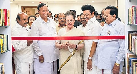 CM Stalin along with Congress interim president Sonia Gandhi at ‘Anna-Kalaignar Arivalayam’ in New Delhi on Saturday | pti