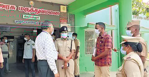 Police personnel at the Tirupattur Government Hospital after admitting the survivors of the accident in Jawadhu Hills | express