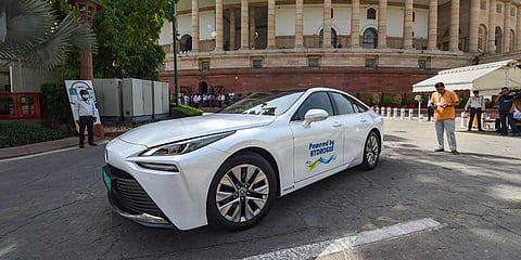 The green hydrogen-powered car, in which Union Road Transport & Highways Minister Nitin Gadkari arrived at Parliament, during the second part of the Budget Session on March 30, 2022. (Photo | PTI)