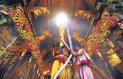 Chithirai festival began with a flag-hoisting ceremony. (Photo| KK Sundar, EPS)