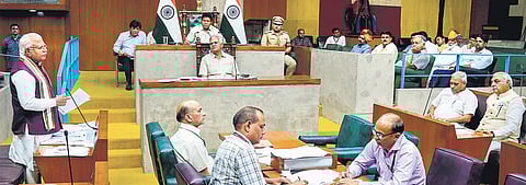 Haryana Chief Minister Manohar Lal Khattar speaks during the one-day special session of the Assembly | Pti