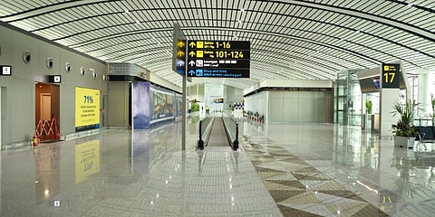 A view of the newly expanded integrated passenger terminal at the Rajiv Gandhi International Airport at Shamshabad. (Photo| Special Arrangement)