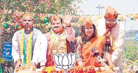 BJP’s national president JP Nadda (second from left) with other party leaders during the Shobha Yatra at Rajendra Nagar on Wednesday | express