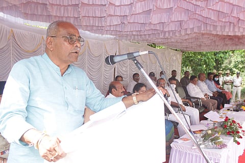 Karnataka forest minister Umesh Katti at the meeting with residents and farmers in Madikeri (Photo | Express)