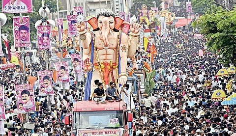 Different models of Ganesh Idols being carried for immersion during the Shobha Yatra