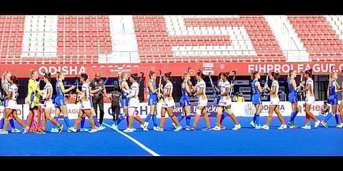 Indian women's hockey and Netherlands team greet each other. (Photo | Twitter, @TheHockeyIndia)