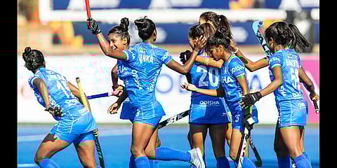 Members of the Junior Indian Women's Hockey Team celebrates after defeating South Korea to enter Junior World Cup semis.(Photo | Twitter, @sports_odisha)