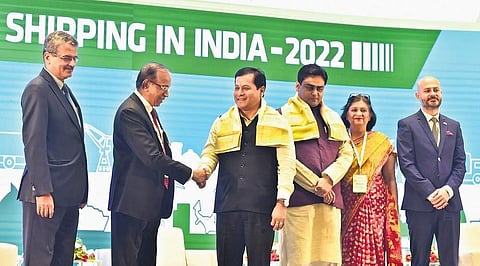 Cochin Shipyard Ltd. CMD Madhu S Nair greeting Union Minister for Ports, Shipping and Waterways Sarbananda Sonowal at a workshop on ‘Green Shipping in India  2022’, held in Kochi on Saturday | A Sanes