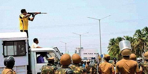 An officer targeting civilians during anti-Sterlite protests in Tuticorin in 2018. (File Photo | PTI)
