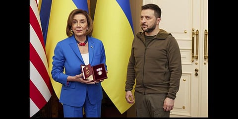 Volodymyr Zelenskyy, right, awards the Order of Princess Olga, the third grade, to U.S. Speaker of the House Nancy Pelosi in Kyiv, Ukraine, Saturday, April 30, 2022. (Photo | AP)
