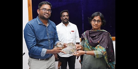 R Nirmal Rajah, on Sunday, handed over fossils of rare marine life species found in various countries to Collector P Sri Venkada Priya.