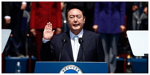 South Korean President Yoon Suk Yeol takes an oath during his inauguration in front of the National Assembly in Seoul, South Korea, Tuesday, May 10, 2022.  (Photo | AP)