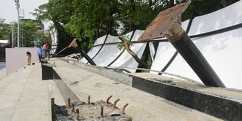 Roof of the spectators stand of the newly-inaugurated Atal Bihari Vajpayee stadium in HSR Layout collapsed due to heavy rain . (Photo| Ashishkrishna HP, EPS)
