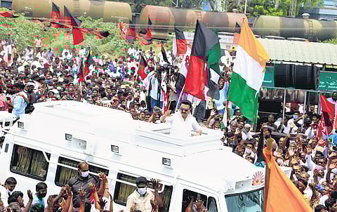 DMK president MK Stalin at an election campaign in Jolarpet in Tirupattur district. (File photo| S Dinesh, EPS)