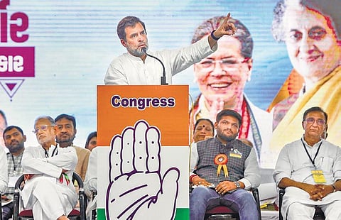Rahul at the rally in Gujarat’s Dahod on Tuesday. (Photo | PTI)