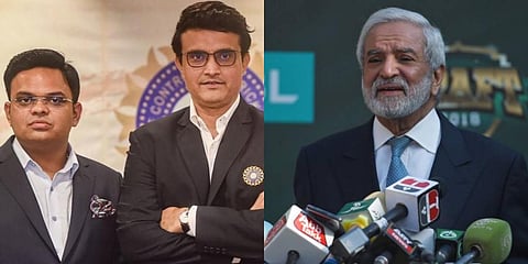 (From L) BCCI Secretary Jay Shah, BCCI president Sourav Ganguly and former Pakistan Cricket Board chairman Ehsan Mani (Photo | PTI and AFP)