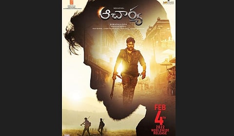 Poster of Chiranjeevi-Ram Charan's 'Acharya'. ( Photo | Twitter, @shankha_theboss)