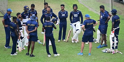 Sri Lanka's players attend a practice session at the Sher-e-Bangla National Cricket Stadium in Dhaka on May 9, 2022, ahead of their first cricket Test match against Bangladesh. (Photo | AFP)