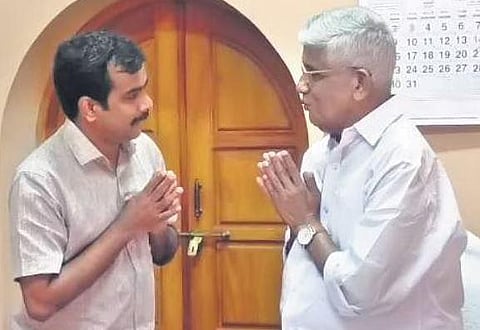 Dr Jo Joseph, LDF candidate for Thrikkakara bypoll, visits NSS general secretary  G Sukumaran Nair at the NSS headquarters in Perunna on Thursday 