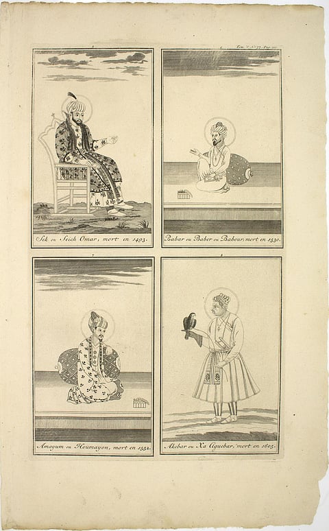 (Clockwise from top left) Umar Sheikh Mirza (Babur’s father), Babur, Akbar, Humayun; copperplate engraving based on Mughal paintings by Henry Abraham Chatelain